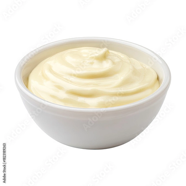 Obraz White bowl with a creamy, smooth, light-yellow dip against black