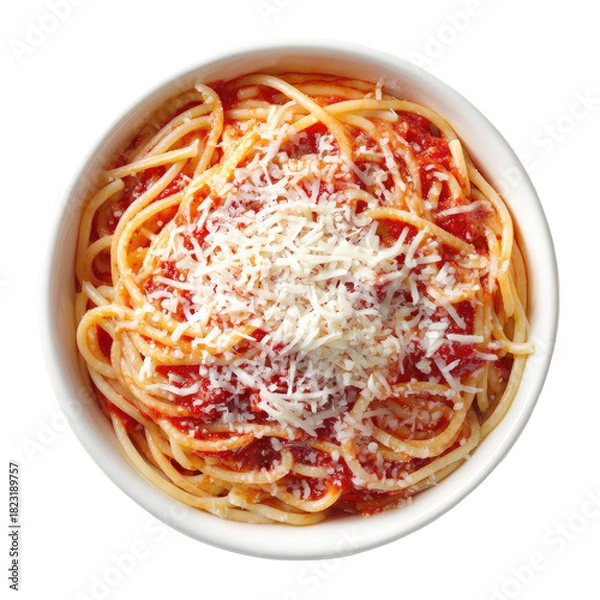 Obraz Bowl of spaghetti, bright red sauce, and parmesan cheese from above