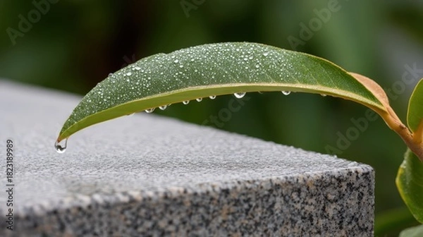 Fototapeta Extreme close-up shot showing a vibrant green leaf heavily covered in tiny water droplets, with a large, perfect droplet suspended and dripping onto a speckled gray granite surface