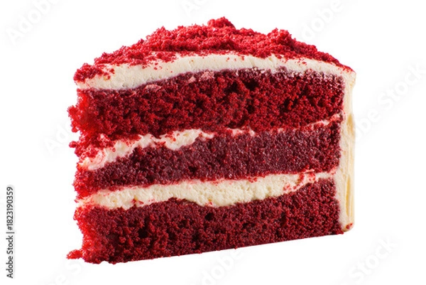Obraz Red velvet cake slice with cream layers, isolated on black