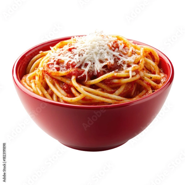 Obraz Red bowl filled with spaghetti, tomato sauce, & shredded cheese on top