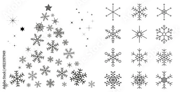 Obraz 雪の結晶とクリスマスツリーのイラストセット　背景イラスト　ベクター素材