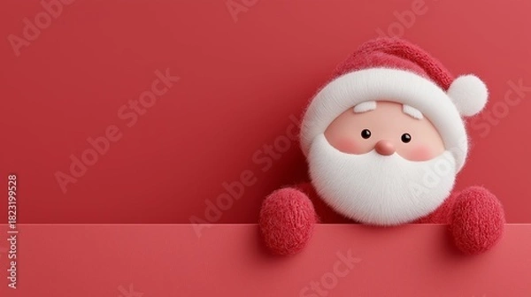 Fototapeta A stylized cartoon Santa peeks over a red surface, supporting cheerful holiday branding for seasonal promotions. Soft shapes and simple design emphasize modern Christmas identity and marketing themes