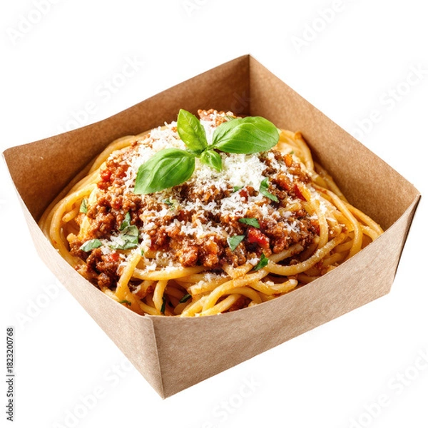 Obraz Bolognese pasta in a cardboard tray, topped with basil and cheese