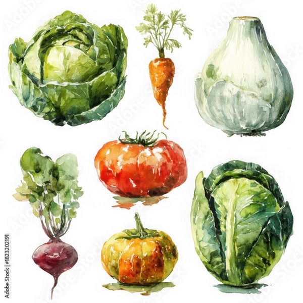 Obraz  Watercolor vegetables Set on white background