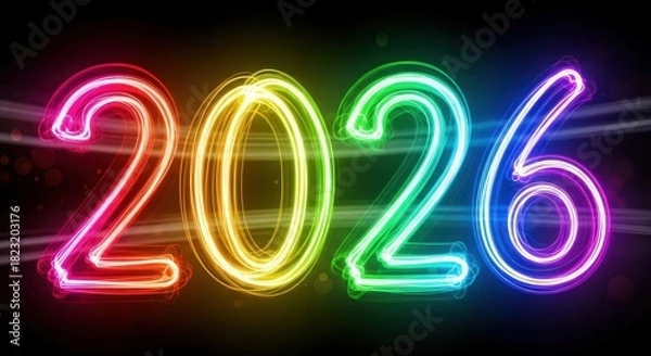 Obraz Neon Rainbow 2026 Typography on Dark Background