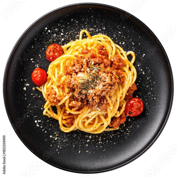Obraz Bolognese spaghetti with meat sauce and tomatoes on a black plate