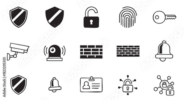 Obraz Security and protection symbol icon collection black and white illustration