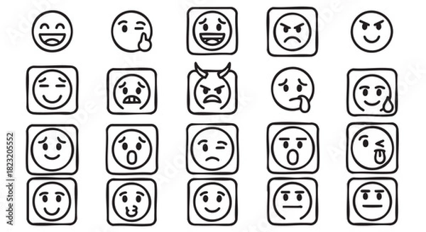 Fototapeta Set of Hand Drawn Emoji Emoticons Vector Illustration Mood Collection