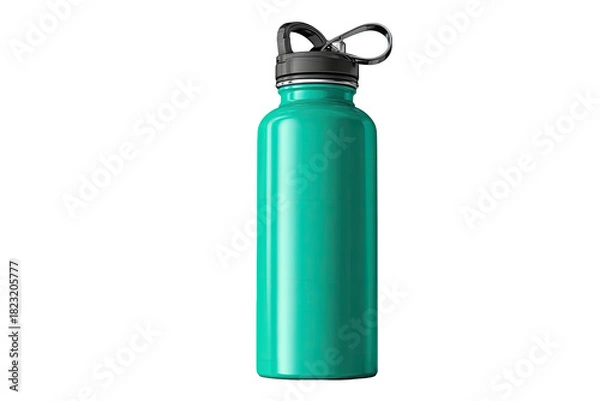 Obraz Teal metal water bottle with black cap & handle on black background