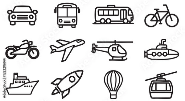 Obraz Transportation icon set with car bus motorcycle airplane ship and rocket