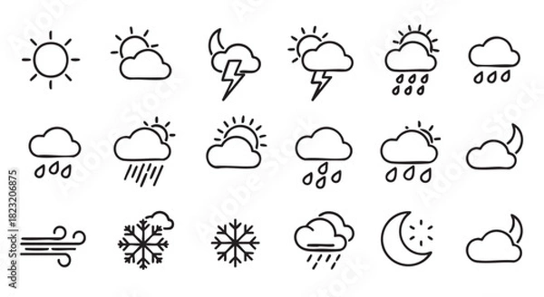 Fototapeta Weather Icon Set Doodles Hand Drawn Vector Illustration Symbols