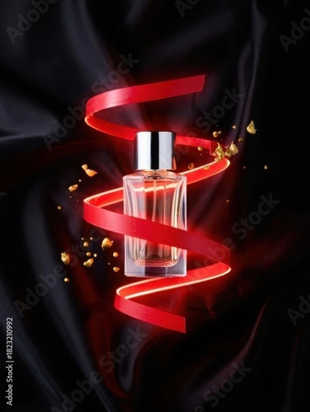 Obraz Elegant perfume bottle with red ribbon and sparkles