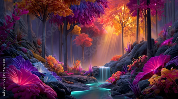 Fototapeta A scenic view of a waterfall in a fantasy forest.