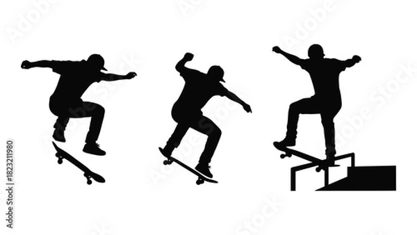 Fototapeta Skateboarding tricks silhouettes isolated on white background, Vector