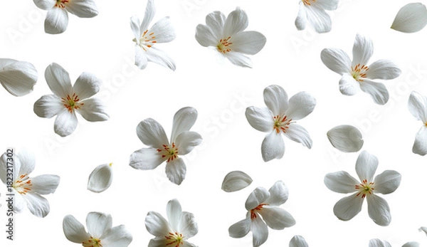 Obraz White tung blossoms fall on black, forming a floral pattern