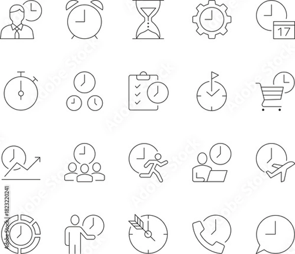 Fototapeta Time Management and Productivity Line Icons Set - Vector Illustration