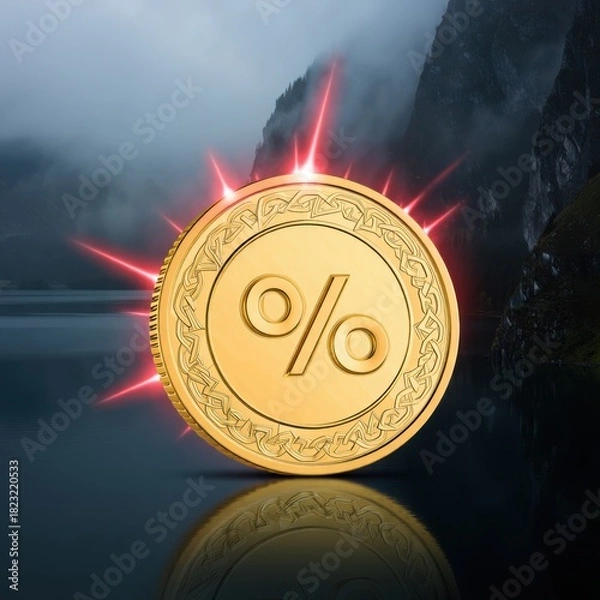 Obraz Golden coin with percentage symbol emitting red light