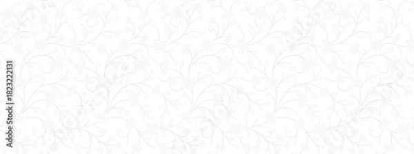 Fototapeta Minimal seamless small floral line pattern with thin botanical vines, leaves and flowers on white background