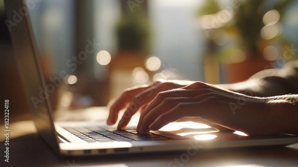Obraz 柔らかな光に包まれた手元がノートパソコンをタイピングする仕事風景「生成AI」
