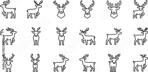 Fototapeta Black and white illustration of deer heads in various styles and poses isolated on white background