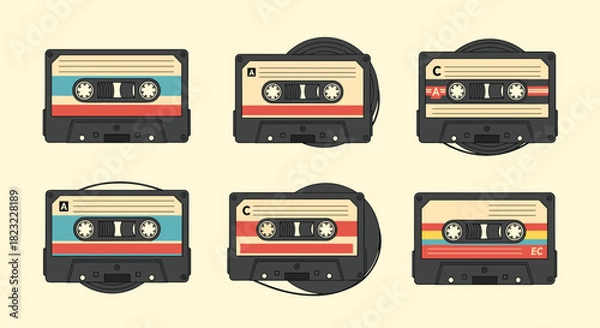 Fototapeta A collection of retro and vintage audio cassette tapes with various colorful designs, arranged on a light background.