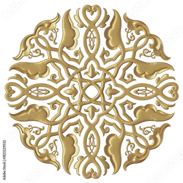 Fototapeta Russian ornamental round pattern in gold color. PNG clear background ornament, floral golden metal pattern 
