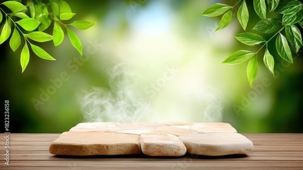 Fototapeta A tranquil, eco-friendly background featuring a textured natural stone display platform resting on a wooden surface, framed by vibrant green leaves, against a bright, hazy, refresh