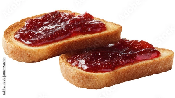 Obraz Two toast slices covered in rich, dark red jam, against a black background