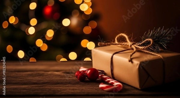 Fototapeta Gift wrapped with twine on wooden table next to candy cane and Christmas tree lights simple and nostalgic festive season