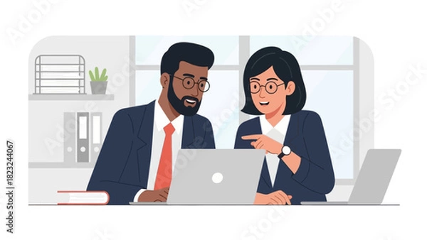 Fototapeta A dynamic flat design illustration showcasing two diverse professionals actively collaborating and discussing ideas while working together on a laptop in a modern office environment.
