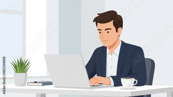 Fototapeta A vibrant flat design illustration depicting a focused young professional working diligently on a laptop at his office desk, symbolizing productivity and concentration.