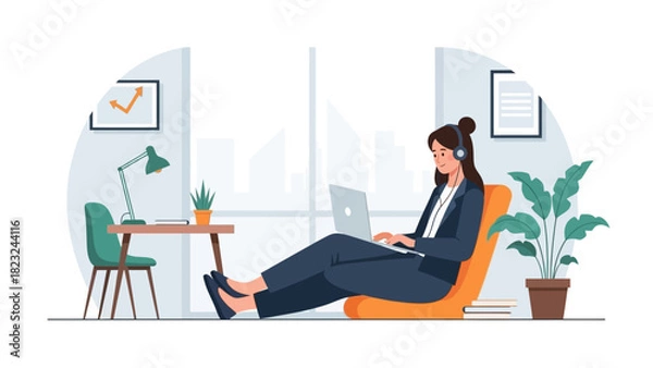 Fototapeta A cheerful flat design illustration depicting a young woman productively engaged in remote work on her laptop within a bright and modern co-working office space.