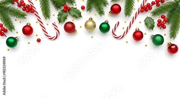 Obraz Festive Christmas Arrangement with Ornaments Candy Canes and Holly on a White Background Holiday Celebration Happy