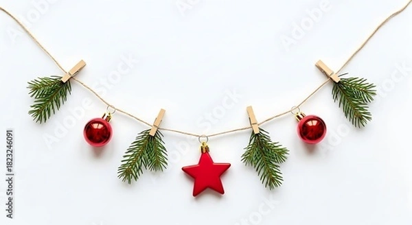 Fototapeta Festive Christmas Garland Red Ornaments Star and Evergreen Clipped to Twine against a Clean White Backdrop a Scene of