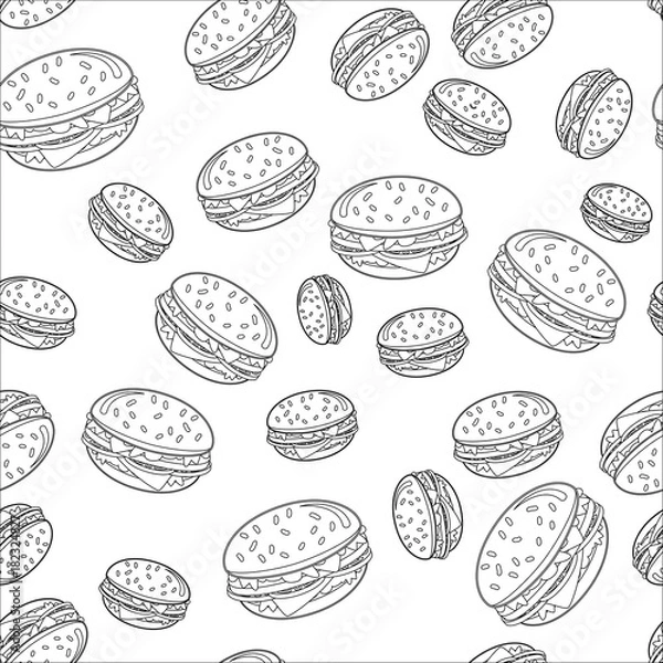 Fototapeta Abstract seamless burger pattern for girls or boys. Creative vector background with a burger, hamburger cute eyes. Funny hamburger pattern for textile and fabric. Fashion style. Monochome black, white