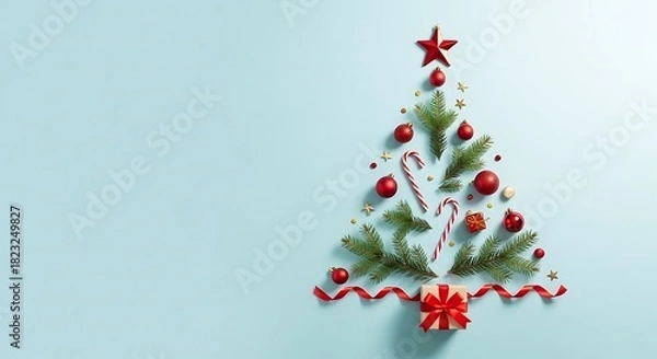 Fototapeta Minimalist Christmas Tree Flat Lay on Light Blue Background with Red Ornaments Green Branches Candy Canes and Gift