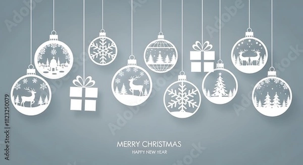 Obraz Elegant White Christmas Ornaments Delicate Holiday Decorations with Festive Deer Trees Snowflakes and Gifts A Timeless