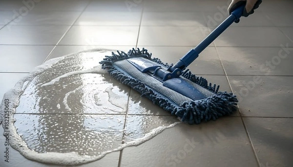 Obraz Close-up of a person mopping a tile floor with a mop.