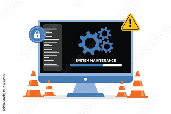 Obraz laptop system maintenance, update program and application, Installation of new Version software. Software update for laptop, device updating vector illustration