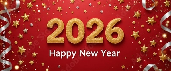 Fototapeta Golden glitter 2026 with sparkling stars and ribbons on vibrant red background