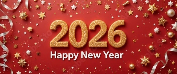Obraz 2026 golden glitter numbers. Happy new year banner. Background with gold and silver confetti.