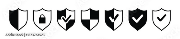 Fototapeta Set of security shield icons, security shields logotypes with check mark and padlock. Safety shield symbols. Security and privacy symbol. Vector illustration. 