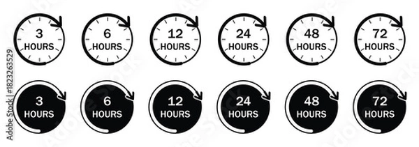 Fototapeta Clock and time. Watch and hours. Features 3, 6, 12, 24, 48, 72,-hour marks in circle with arrow. Flat vector illustrations isolated in background.