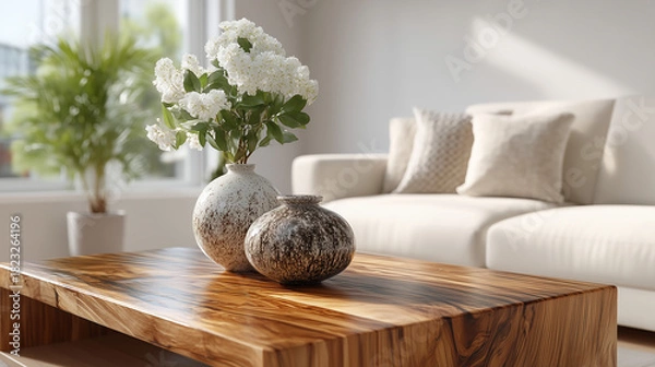 Fototapeta Close up of vases on a wooden coffee table in a bright living room setting