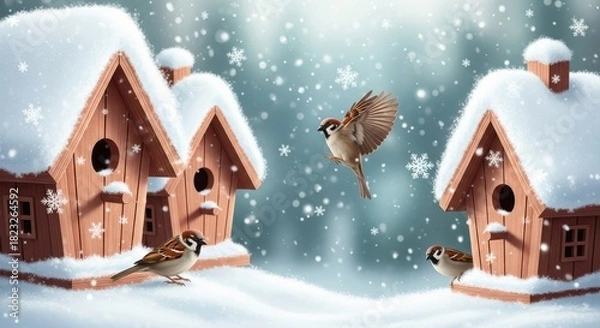 Fototapeta Sparrows near birdhouses covered in snow during a snowfall in a winter wonderland scene art