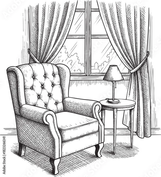 Fototapeta Handdrawn ink illustration of a classic tufted armchair in a cozy reading nook by a window.