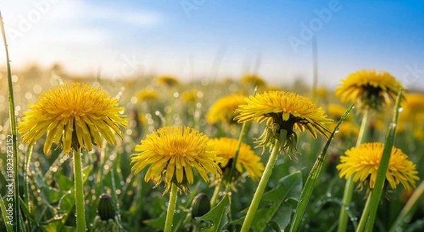 Obraz Vibrant yellow dandelions basking in morning sunlight, fresh spring bloom