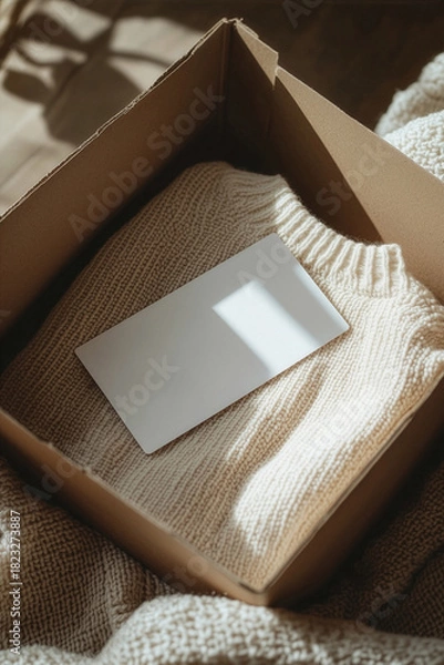 Fototapeta Opened gift box with white blank card and white wool sweater. Merry Christmas and Happy New Year concept.