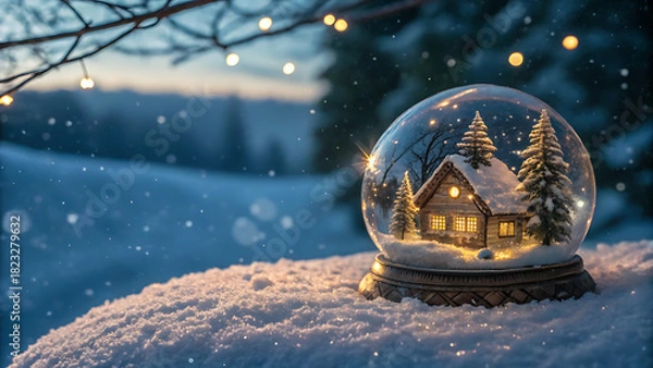 Fototapeta Cozy illuminated snow globe with cabin on snowy surface at dusk